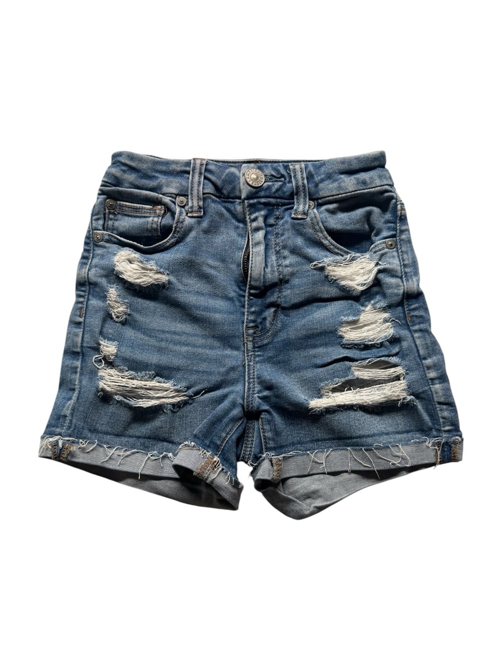 American Eagle Women’s Distressed Denim Shorts Blue High Rise Cutoff XS 0